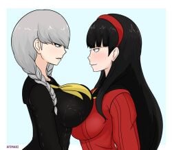 2girls afimaki amagi_yukiko atlus breasts eye_contact female female_only looking_at_each_other narukami_yu persona persona_4 rule_63 white_skin