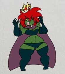 bulge_through_clothing cape crown cupiditas_(golden_weeb) goblin goblin_femboy goblin_male green_skin long_gloves mechacarnis red_hair slutty_waist thick_thighs underwear yellow_eyes