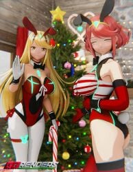 2girls 3d ass blonde_hair bowtie breasts bunny_ears bunny_tail candy_cane christmas christmas_tree closed_eyes core_crystal detached_collar earrings elbow_gloves fake_animal_ears fake_tail ggrenders gloves large_breasts leotard long_hair looking_at_viewer mythra nintendo pantyhose playboy_bunny pyra red_hair red_leotard short_hair thigh_strap thighhighs tiara xenoblade_(series) xenoblade_chronicles_2 yellow_eyes