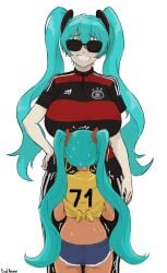 big_ass big_butt bigger_female blue_eyes blue_hair brazil brazilian brazilian_female brazilian_miku dialkasper germany_miku gigantic_breasts hatsune_miku huge_breasts latin_american_hatsune_miku_(meme) light-skinned_female light_skin long_hair massive_breasts short_shorts size_comparison soccer_uniform sunglasses tan-skinned_female tan_body tanned_female tanned_skin twintails very_long_hair vocaloid voluptuous voluptuous_female