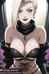 ai_generated big_breasts black_lipstick blonde_hair blue_eyes earrings female half_naked half_naked_female ino_yamanaka ino_yamanaka(genin) jacket looking_at_viewer makeup mature_female naruto naruto_(classic) naruto_(series) necklace omega-weirdo patreon pubic_tattoo scarf