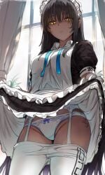 1girls big_breasts blue_archive dark-skinned_female dark_skin garter_belt garter_straps hews_hack karin_(blue_archive) lifting lifting_skirt lingerie looking_at_viewer looking_down_at_viewer maid maid_apron maid_headdress maid_outfit maid_uniform panties pants_down pantyhose pantyhose_down solo tally_marks thick_thighs thighhighs thighs white_panties yellow_eyes