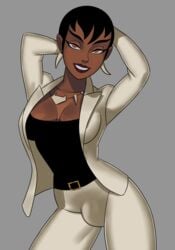 1futa ball_bulge balls balls_under_clothes black_hair breasts bulge cleavage dancing dark-skinned_futanari dark_skin dc dc_comics dcau dickgirl earrings flaccid futa_only futanari hands_behind_head intersex justice_league justice_league_unlimited large_breasts looking_at_viewer necklace office_lady orange_eyes penis penis_bulge penis_in_pants penis_under_clothes red_lipstick short_hair sunsetriders7 vixen_(dc) wide_hips