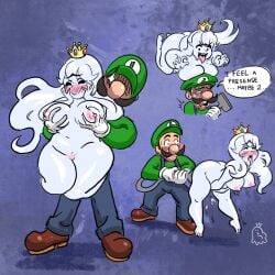 1boy 1girls ass blush boosette breast_grab breasts clothing dialogue facial_hair female ghost ghost_girl gloves green_hat green_shirt hand_on_breast human long_hair luigi luigi's_mansion male male/female mario_(series) nintendo nipples nude_female_clothed_male open_mouth phantomdame pussy shoes straight tongue tongue_out vaccum voluptuous voluptuous_female white_hair