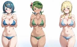 ai_generated bikini blonde_hair blue_hair green_hair huge_breasts lana_(pokemon) large_breasts lillie_(pokemon) mallow_(pokemon) pokemon pokemon_sm shy white_background