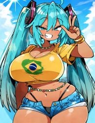 1girls ai_generated bare_legs beach blue_eyes blue_hair brazil brazilian brazilian_female brazilian_flag brazilian_miku gigantic_breasts hat_only hatsune_miku huge_breasts huge_thighs latin_american_hatsune_miku_(meme) long_hair looking_at_viewer massive_breasts peace_sign short_shorts smiling solo_female squatting sweat sweatdrop t-shirt tan-skinned_female tan_body tanned_female tanned_skin thick_body thick_female thick_thighs thighs thighs_bigger_than_head twintails very_long_hair vocaloid voluptuous voluptuous_female