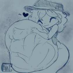 anthro belly_hugging belly_imprints big_belly camigz cowboy cute external_view female_prey femboy femboy_ghost heart hugging male_pred oc original_character safe_vore shortstack size_difference sketch soft_vore thick vore wide_hips willing_prey