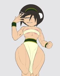 1girls areola_peek avatar_legends avatar_the_last_airbender big_breasts black_hair earth_kingdom female female_only green_eyes human loincloth muscular_female nearly_nude scrabble007 smiling solo thick_thighs toph_bei_fong wide_hips