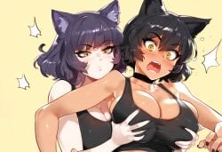 2girls age_difference ai_generated big_breasts black_hair blake_belladonna blush cat_ears catgirl daughter female_focus female_only groping groping_breasts groping_from_behind gym_clothes incest incest_(lore) incest_play kali_belladonna large_breasts mother mother_and_daughter rwby self_upload shocked shocked_expression wide_eyed yellow_eyes yuri