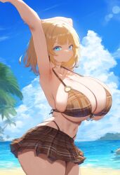 ai_generated beach big_breasts bikini bikini_skirt blonde_hair blue_eyes breasts brown_bikini cleavage hololive hololive_english hololive_myth huge_breasts large_breasts mommy o-ring_bikini sideboob stretching thick_thighs underboob virtual_youtuber vtuber watson_amelia