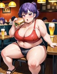 ai_generated beer eating fat food obese purple_eyes purple_hair sweat thick_thighs tight_clothing