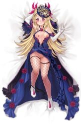 1girls absurdres alternate_costume blonde_hair blush breasts clothing_aside cosplay dress elbow_gloves fascinator female female_only fire_emblem fire_emblem_awakening fire_emblem_engage fishnets gloves hazuki_(nyorosuke) highres ivy_(fire_emblem)_(cosplay) long_hair nowi_(fire_emblem) on_bed panties panties_aside pussy side-tie_panties small_breasts solo underwear