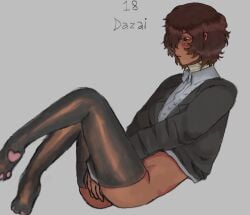 bungo_stray_dogs cuntboy cuntboy_only dazai_osamu half-dressed half-erect intersex no_visible_genitalia partially_clothed paw_socks pawprint solo solo_focus solo_male stockings thighhighs