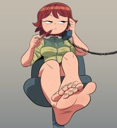 1girl barefoot bored_expression breasts deepcreases female foot_fetish foot_focus foot_on_foot freckles hi_res kim_pine pen phone phone_call red_hair scott_pilgrim scott_pilgrim_takes_off short_sleeve_sweater sitting soles toes
feet