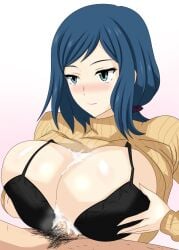 1boy 1girls black_bra blue_hair blush bra breasts censored cum cum_between_breasts cum_on_breasts female gundam gundam_build_fighters huge_breasts iori_rinko juno_(pixiv32541104) light-skinned_female light-skinned_male light_skin male male_pubic_hair milf mosaic_censoring paizuri penis pubic_hair shirt_lift straight sweater sweater_lift