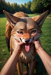 2024 ai_generated blush canid canine carnivalecloudmuncher coyote drooling embarrassed female female_feral female_focus feral front_view furry hand_in_mouth hands_in_mouth human_on_feral in_heat looking_at_viewer mammal nude open_mouth pov pov_hands raised_tail saliva self_upload smile suggestive suggestive_look sweat sweating tagme tail tongue tongue_out zoophilia