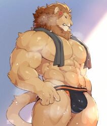 abs accessory annoyed anthro bared_teeth big_pecs bodily_fluids bulge clenched_teeth clothing felid genital_outline giraffe_(artist) hair_accessory hair_tie hi_res huge_pecs jockstrap lion lion-san male mammal mane muscular muscular_anthro muscular_arms muscular_male muscular_thighs pantherine pecs pubes solo sweat teeth towel towel_around_neck underwear