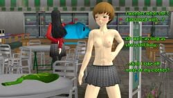 amagi_yukiko breasts clothing exhibitionism female food_court human nipples ofugh outdoors pale_skin persona persona_4 public public_exposure public_indecency satonaka_chie shirt_removed strip_game topless xnalara