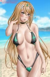 1girls baileymcpatty beach bikini black_bikini black_swimsuit blonde_hair breasts choker clouds large_breasts long_hair looking_at_viewer midriff mythra navel nintendo o-ring o-ring_bikini o-ring_swimsuit ocean outside sky swimsuit tiara water wet xenoblade_(series) xenoblade_chronicles_2 yellow_eyes