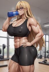 abs ai_generated bangs bare_shoulders bike_shorts black_shorts blonde_hair blue_eyes bottle breasts cleavage covered_nipples drinking dumbbell female glasses hair_between_eyes hand_on_hip large_breasts long_hair lvl_(sentrythe2310)_(style) muscle muscular_female original self_upload shorts solo sports_bra sweat thick_thighs thighs underwear water_bottle