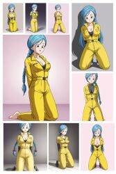 ai_generated big_breasts blue_eyes bodysuit braided_hair bulma_(dragon_ball_super_superhero) bulma_briefs civitai dragon_ball dragon_ball_super dragon_ball_super_super_hero full_body jumpsuit kneeling large_breasts long_hair multiple_views nipple_slip nipples short_hair straight_hair yellow_jumpsuit