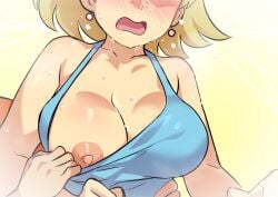 bare_shoulders blonde_hair blue_shirt blush breast_focus breast_slip breasts clothes_pull earrings female head_out_of_frame jcm2 jewelry large_breasts lori_loud nipples one_breast_out open_mouth shirt shirt_pull short_hair sweat the_loud_house upper_body wavy_mouth worried