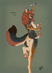 anthro breasts canid canine canis chest_tuft claws coyote dancing digitigrade ear_piercing female fur hair hi_res holding_object inner_ear_fluff long_hair looking_at_viewer looking_back mammal maracas nipple_piercing nipples nude one_eye_closed pawpads piercing pussy raised_arm raised_leg raised_tail red_hair simple_background solo toe_claws tuft wink xolkuikani