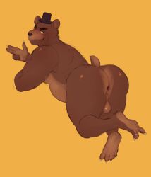 2023 absurd_res anthro anus ass backsack balls bear belly big_butt brown_body clothing digital_media_(artwork) feet five_nights_at_freddy's freddy_(fnaf) genitals hat headgear headwear hi_res looking_at_viewer male male_only mammal nude rear_view scottgames simple_background slightly_chubby smile smirk snaftfc solo