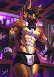 2024 abs anthro bar biped black_body black_bow_tie black_fur bow_tie brown_body brown_fur brown_hair bulge canid canine claws detailed_bulge digital_media_(artwork) ear_piercing ear_ring eyewear finger_claws fur glasses hair hi_res inside male male_anthro mammal maned_wolf muscular muscular_anthro muscular_male mystikfox61 orange_body orange_fur pecs piercing pouring_on_penis pouring_onto_self ring_piercing smile solo tan_body tan_fur white_body white_fur