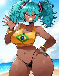 ai_generated bare_legs bikini blue_eyes blue_fingernails blue_hair blue_nails brazil brazilian brazilian_female brazilian_flag brazilian_miku cyan_nails dark-skinned_female dark_skin daytime gigantic_breasts glistening_hair gritted_teeth hand_gesture hatsune_miku hip_lines hips huge_breasts huge_thighs hyper_hips latin_american_hatsune_miku_(meme) looking_at_viewer love_handles massive_breasts massive_hips midriff naughty_face navel navel_line outside pelvic_lines seaside short_twintails slender_waist smiling solo_female squatting sun sunlight sweat sweatdrop tank_top teal_hair thick thick_body thick_female thick_thighs thigh_gap thighs thighs_bigger_than_head thunder_thighs tied_hair tsurime twintails vocaloid voluptuous voluptuous_female waist waving wide_hips