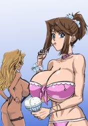 2girls abs alternate_breast_size belly bikini blonde_hair brown_hair cleavage female huge_breasts mai_valentine navel pink_bikini purple_bikini sideboob sling_bikini tan tea_gardner thick_thighs underboob wide_hips yu-gi-oh! yu-gi-oh!_duel_monsters zahkey