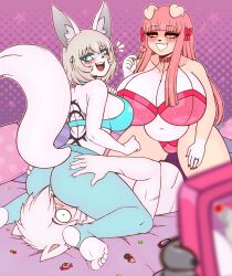 ass blush breasts bulge candy canid canine canis clothing dessert domestic_dog feet female food fox fur hair hi_res jackal lhara_aaruna lingerie lucille_lilac mammal pillow pink_hair raz_rodriguez razplus recording ring scar slightly_chubby smile tail tattoo white_body white_fur