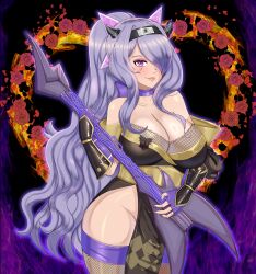 1girls alternate_costume alternate_hairstyle bare_shoulders bare_thighs breasts camilla_(fire_emblem) camilla_(ninja)_(fire_emblem) choker cleavage collarbone female female_only fire_emblem fire_emblem_fates fire_emblem_heroes fishnet_legwear fishnets flower guitar hair_over_one_eye heart large_breasts long_hair looking_at_viewer nahusmash ninja official_alternate_costume official_alternate_hairstyle pelvic_curtain pink_eyes ponytail purple_hair rose shoulders smile solo thick_thighs thighhighs thighs very_long_hair