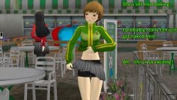 amagi_yukiko clothing female food_court human ofugh outdoors pale_skin persona persona_4 public satonaka_chie shirt_lift skirt_lift strip_game xnalara