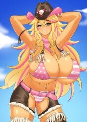 1girls armpits belly_button belly_button_piercing belt blonde_hair breasts cleavage cowgirl cowgirl_hat female female_only green_eyes hands_behind_own_head hat huge_breasts looking_at_viewer lulu_lasso nexas_live outdoors panties piercing pink_hair puffywaffles shorts sky solo striped_panties tan-skinned_female tan_skin two_tone_hair virtual_youtuber