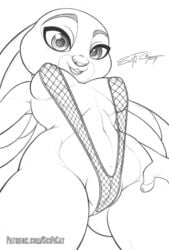 2019 anthro bikini black_and_white breasts buckteeth disney ears_down female fishnet greyscale judy_hopps lagomorph leporid looking_at_viewer low-angle_view mammal medium_breasts monochrome navel nipples open_mouth open_smile pivoted_ears pussy rabbit scificat simple_background sling_bikini smile solo swimsuit swimwear teeth zootopia