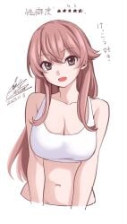 bare_arms bare_belly bare_shoulders belly_button big_breasts breasts brown_eyes cleavage collarbone cototiworld long_hair meigo_arisa open_mouth pink_hair smile sports_bra to_aru_majutsu_no_index white_sports_bra