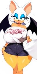 ai_generated anthro bat bat_wings big_ears big_nipples black_shorts blue_eyeshadow brown_nipples clothing eyelashes green_eyes huge_breasts huge_thighs large_breasts looking_at_viewer navel open_mouth rouge_the_bat shiny_skin shorts simple_background smile smug sonic_(series) sonic_the_hedgehog_(series)