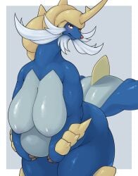 anthro anthrofied armor ass beard belly bent_over big_breasts big_butt blue_body blue_fur border breasts claws curvy_figure embarrassed eyelashes facial_hair featureless_breasts female fur generation_5_pokemon glistening glistening_body grey_body grey_fur hair hanging_breasts headgear helmet hi_res huge_breasts mature_female mostly_nude multicolored_body multicolored_fur nintendo orange_eyes pokemon pokemon_(species) raised_tail samurott simple_background slightly_chubby solo tail thick_thighs tokumori_kaisen two_tone_body two_tone_fur voluptuous white_border white_hair wide_hips