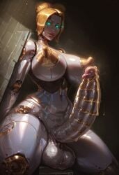 ai_generated android balls breasts cummandre dickgirl futanari glowing_eyes gold_(metal) huge_breasts huge_cock league_of_legends metallic_body nipples orianna penis precum puffy_nipples robot robot_girl shiny_skin wide_hips