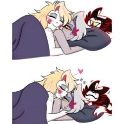 after_sex bite bite_marks blood charlie_morningstar_(hazbin_hotel) cuddling hazbin_hotel lesbian_couple vaggie_(hazbin_hotel) wholesome wholesome_nudity wholesome_sex yellow_blood yuri yuri