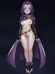 1girls belt blue_eyes blush breasts cape dc dc_comics feet female forehead_jewel functionally_nude grey_skin klimspree looking_at_viewer nail_polish naked_cape navel nipples pubic_hair purple_hair purple_nails purple_toenails pussy rachel_roth raven_(dc) short_hair socks solo straight_hair teen_titans toeless_legwear toeless_socks toenail_polish toes