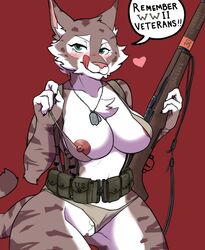 2019 4_fingers anthro areola belly big_breasts blush bra breasts chest_tuft claws clothed clothing clothing_aside dipstick_tail dog_tags english_text eyebrows eyelashes felid feline female fingers fur green_eyes gun heart holding_object holding_weapon josun looking_at_viewer lynx mammal military mostly_nude multicolored_tail nipples panties panties_aside pussy ranged_weapon rifle simple_background skimpy smile soldier solo standing striped_fur stripes text thick_thighs tongue tuft underwear underwear_aside weapon zeha