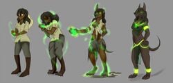 2016 anthro black_hair boots bottomwear breasts canid canine canis clothing dark_skin digitigrade female footwear glowing glowing_eyes green_sclera grey_background hair human human_to_anthro jackal mammal nipples pants pussy sequence shirt simple_background sirod smile solo species_transformation standing surprise tail_growth topwear torn_clothing transformation