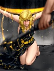 1boy 1girls arms_tied arms_up ayaswan big_breasts blonde_hair cleavage crown dress elden_ring feet female female_only fromsoftware kneeling light-skinned_female marika's_hammer milf pussy pussy_peek queen_marika_the_eternal radagon_of_the_golden_order sideboob thick_thighs toes