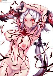 android armpits artist_name breasts color fi-san girls'_frontline gun hunter_(girls_frontline) lightning naked nude pussy red_eyes sangvis_ferri simple_background weapon white_background