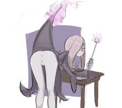 anus ass aura bent_over clothing desk exposed exposed_ass exposed_pussy eyelashes female female_focus female_only filthypally from_behind grey_skin hair_over_one_eye legs legs_together little_witch_academia long_hair long_sleeves looking_back magic pink_hair presenting presenting_anus presenting_hindquarters presenting_pussy pussy red_eyes robe robe_lift solo solo_focus sucy_manbavaran vagina wand