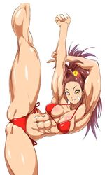 1girls abs arms_up bikini captain_mizuki female female_only large_breasts leg_up looking_at_viewer muscular_female one-punch_man red_bikini side-tie_bikini simple_background smile solo standing standing_on_one_leg stretching swimsuit white_background