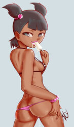 ass_cleavage barrettes bikini black_hair butt_crack dark-skinned_female dark_skin dzyer eating gray_eyes ice_cream katie_(tdi) lipstick pussy_juice smiling suggestive suggestive_fluid suggestive_food sweat thigh_gap thighs total_drama_island twintails wet