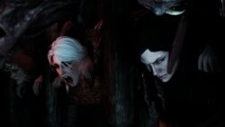 3d 3girls angry black_hair blood bound bruised cd_projekt_red ciri frostfall guro monster pillory rape red_hair restrained screaming stare the_witcher the_witcher_(series) the_witcher_2 the_witcher_3:_wild_hunt tongue triss_merigold white_hair wound yennefer